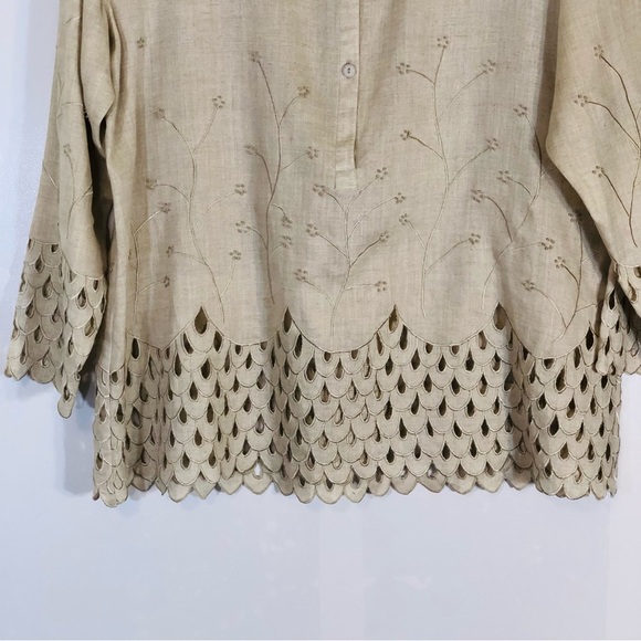 J Song Collection Tunic Top Women’s Size 18 100% Linen Tan Khaki Embroidered - Picture 4 of 14